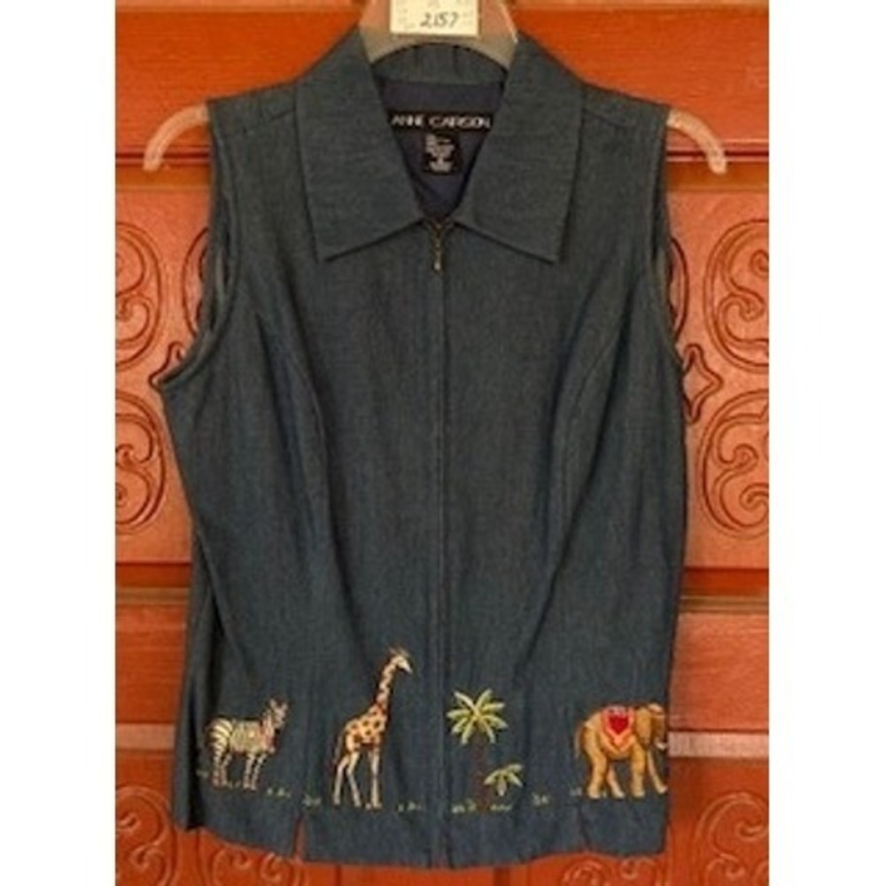 Retro Anne Carson Denim Vest Safari Embroidered Zebra Giraffe Elephant Small